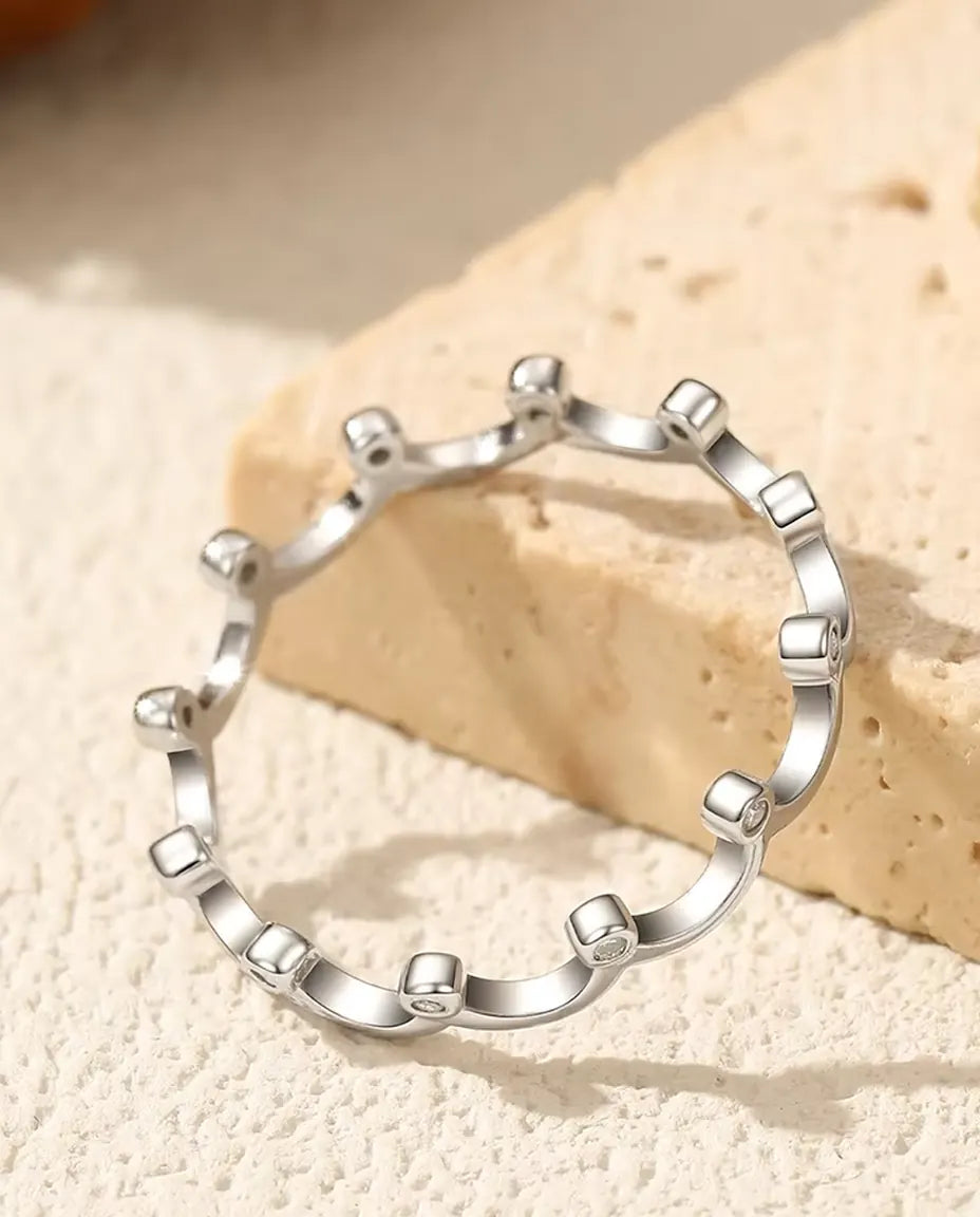 Crown Moissanite Stacking Ring - Twelve Bezel Set D Colour Stones in 925 Sterling Silver, 3.2 mm, Sizes 5-9