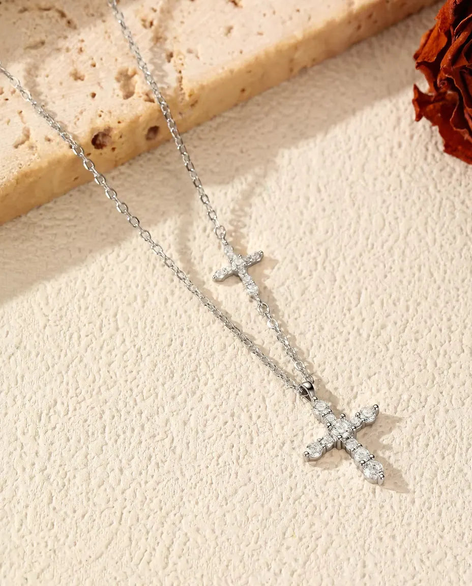 Double Cross Moissanite Necklace - Pave Cross Pendant with Sideways Cross Station, 925 Sterling Silver, 40+5 cm
