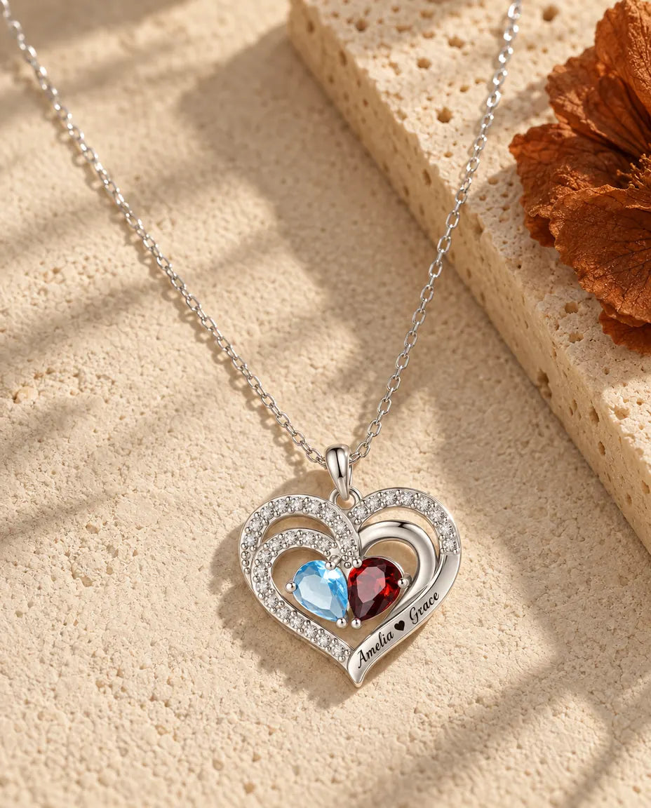 Personalised Birthstone Necklace With 2 Names - Double Heart Pendant With Two Pear Simulated Birthstones, Silver