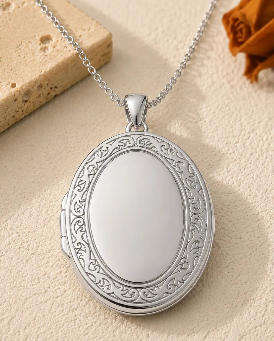 Engravable Photo Locket Necklace That Holds 2 Pictures - Personalised Oval Locket With Mother of Pearl Back, Silver or Gold