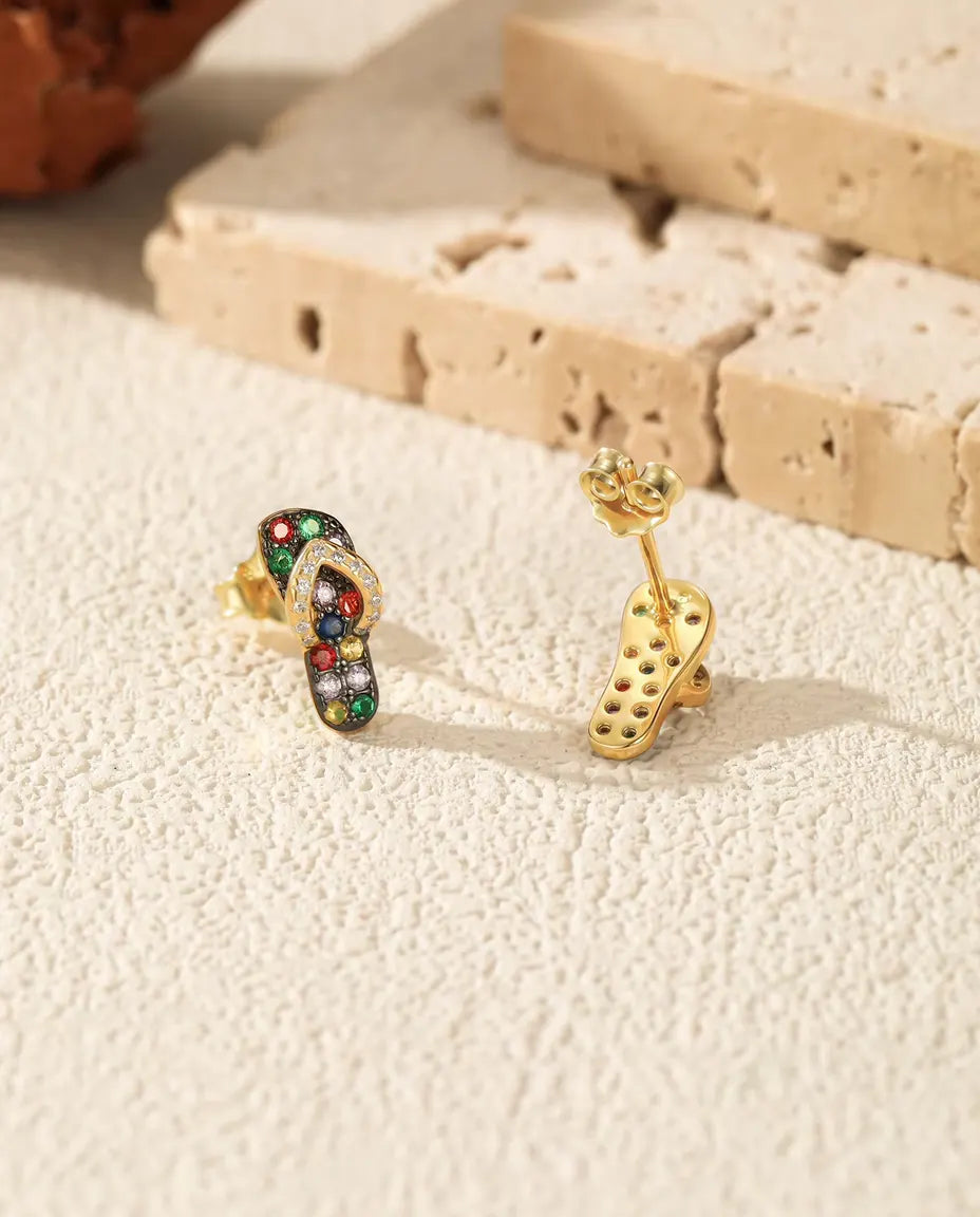 Flip Flop Stud Earrings - Multicolor Stone Sandals in 18K Gold Plated 925 Sterling Silver, Beach Jewellery