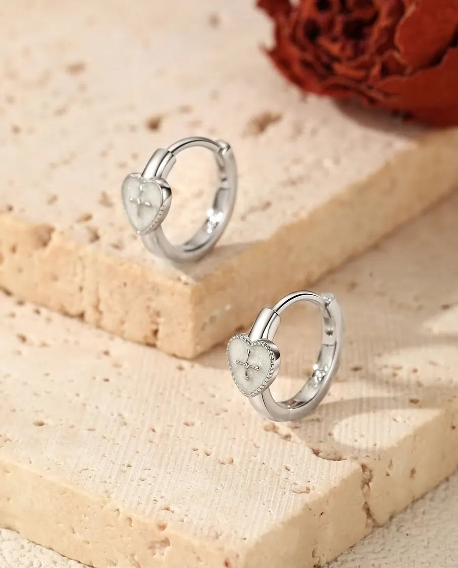 Heart Cross Huggie Earrings - Pearl White Hearts with Raised Cross, 12.5 mm Hinged 925 Sterling Silver Hoops