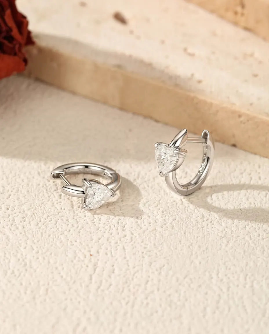 Heart Moissanite Huggie Earrings - 0.50 ct D Colour Hearts, 12 mm Hinged Hoops, 925 Sterling Silver, 2.30 g Pair