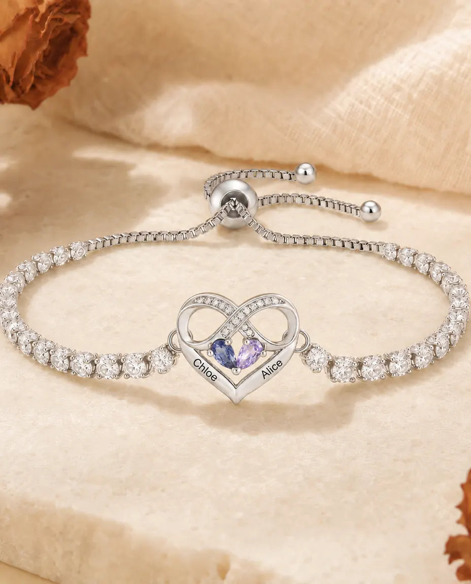 Personalised Birthstone Bracelet With 2 Names - Infinity Heart Tennis Bracelet With Two Simulated Birthstones, Adjustable