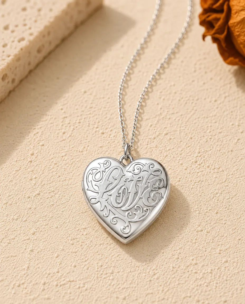 Personalised Photo Locket Necklace That Holds 2 Pictures - Love Script Heart Locket With Mother of Pearl Back, Silver or Gold