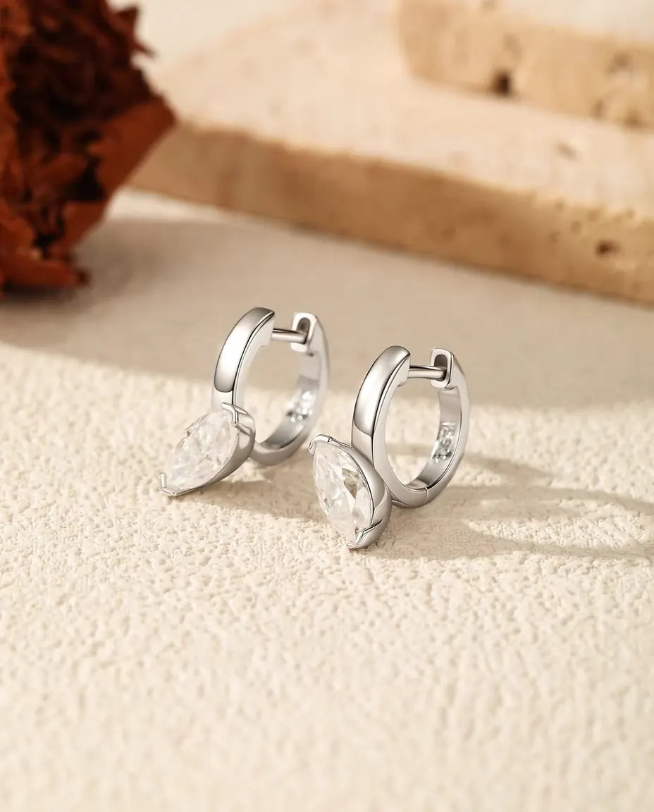 Marquise Moissanite Drop Huggie Earrings - 0.50 ct 4 x 8 mm Stones, 14.5 mm Drop, 925 Sterling Silver