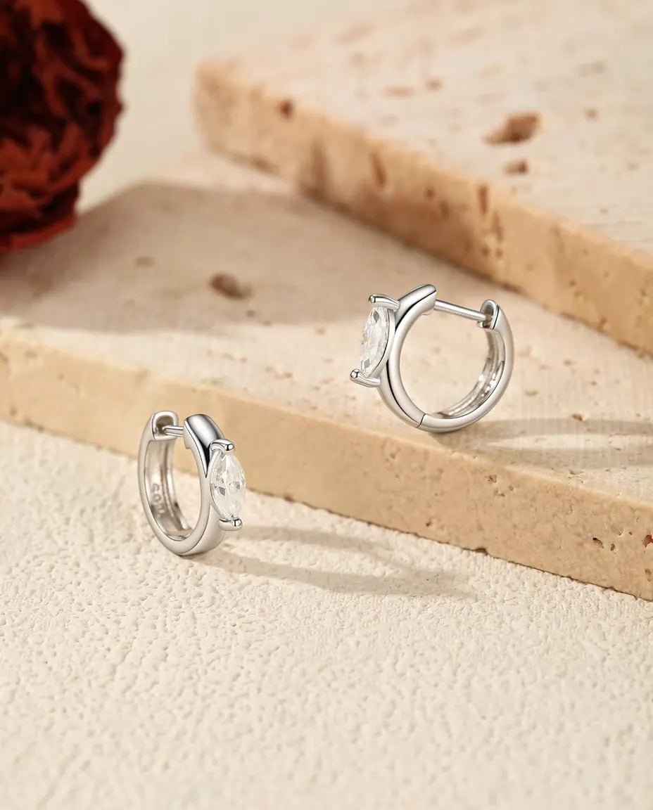 Marquise Moissanite Huggie Earrings - 0.30 ct 3 x 6 mm Marquise Stones, 11.5 mm Hoops, 925 Sterling Silver