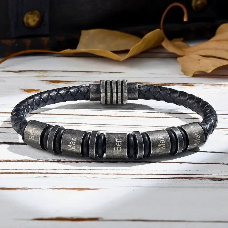 Personalised Black Leather Men's Bracelet with Engraved Stainless Steel Name Beads