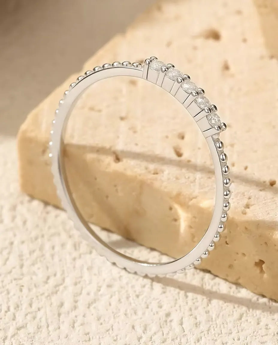Moissanite Half Eternity Ring - Five 1.5 mm D Color VVS1 Stones with a Beaded Milgrain Edge on a 925 Sterling Silver Band, Sizes 5 to 9