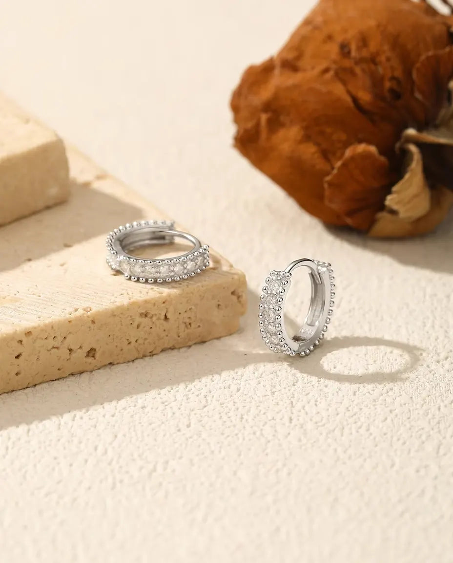 Moissanite Huggie Hoop Earrings - 12 mm Beaded Pave Huggies in 925 Sterling Silver, 14 D Colour Stones