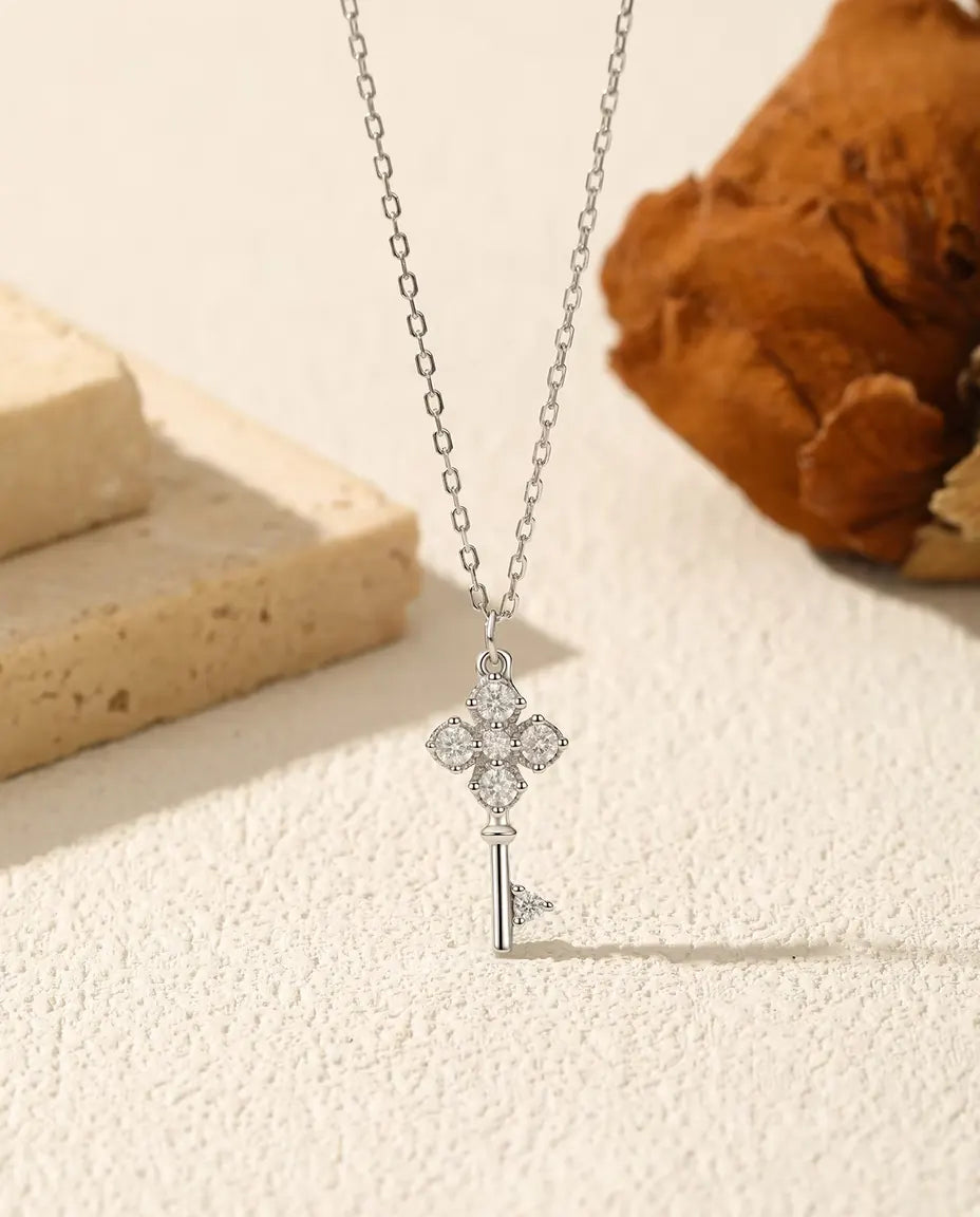 Moissanite Key Pendant Necklace - Clover Key Charm in 925 Sterling Silver with 6 D Colour Stones, 15.7-17.7 in Chain