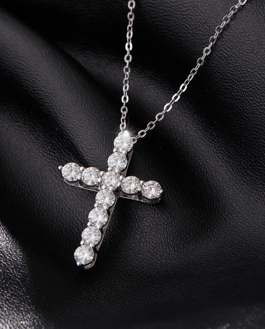 Moissanite cross necklace in 925 sterling silver, D colour pave cross pendant for women