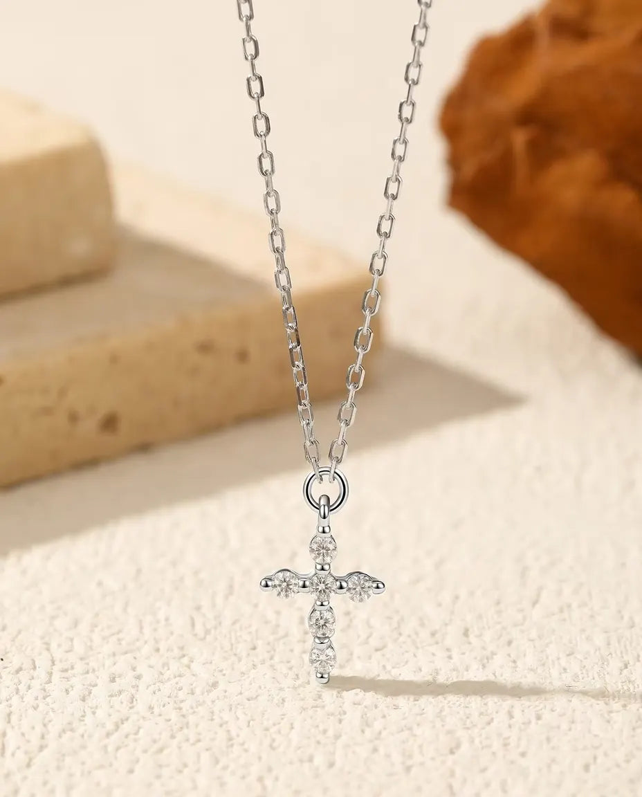 Moissanite Cross Pendant Necklace - Six D Colour Stones in 925 Sterling Silver, 15.7 to 17.7 in Chain