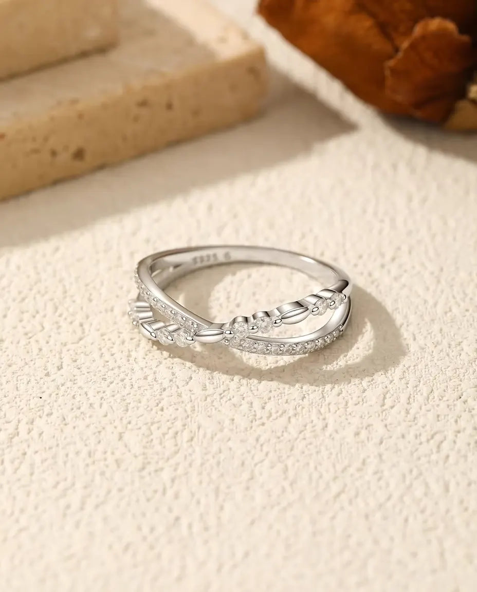 Moissanite Crossover Ring for Women - Twisted Pave Band with 28 Stones in 925 Sterling Silver, Sizes 5 to 9