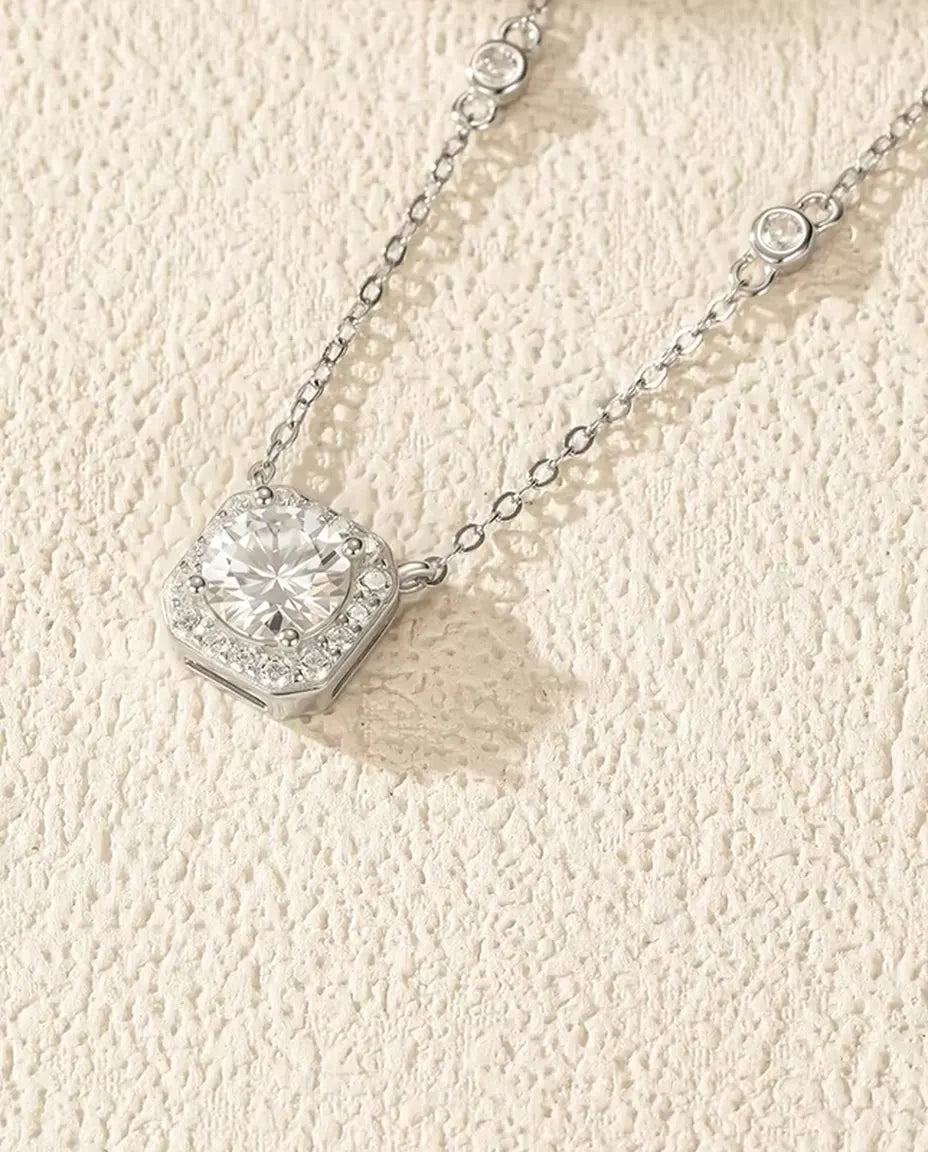 Moissanite Necklace for Women - 1 Carat D Colour VVS1 Cushion Halo Pendant on Zirconia Station Chain, 925 Sterling Silver