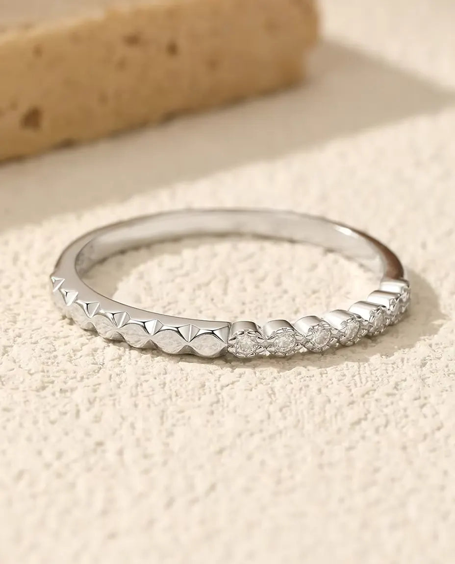 Moissanite Half Eternity Ring - Seven 1.3 mm D Colour VVS1 Stones Beside a Row of Pyramid Facets, 925 Sterling Silver, Sizes 5 to 9