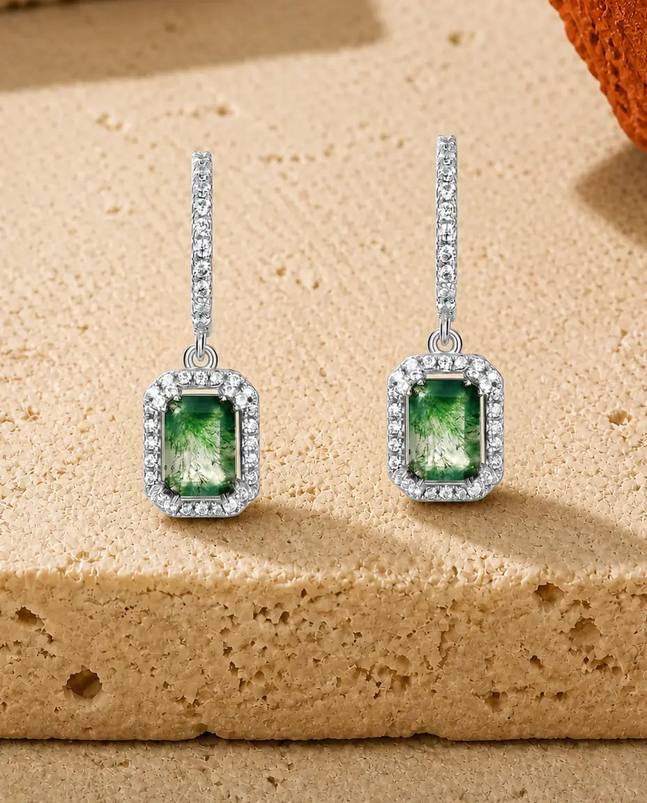 Moss Agate Drop Earrings - Emerald Cut Green Moss Agate with Cubic Zirconia Halo on Pave Curved Hooks, 925 Sterling Silver in Silver or Gold
