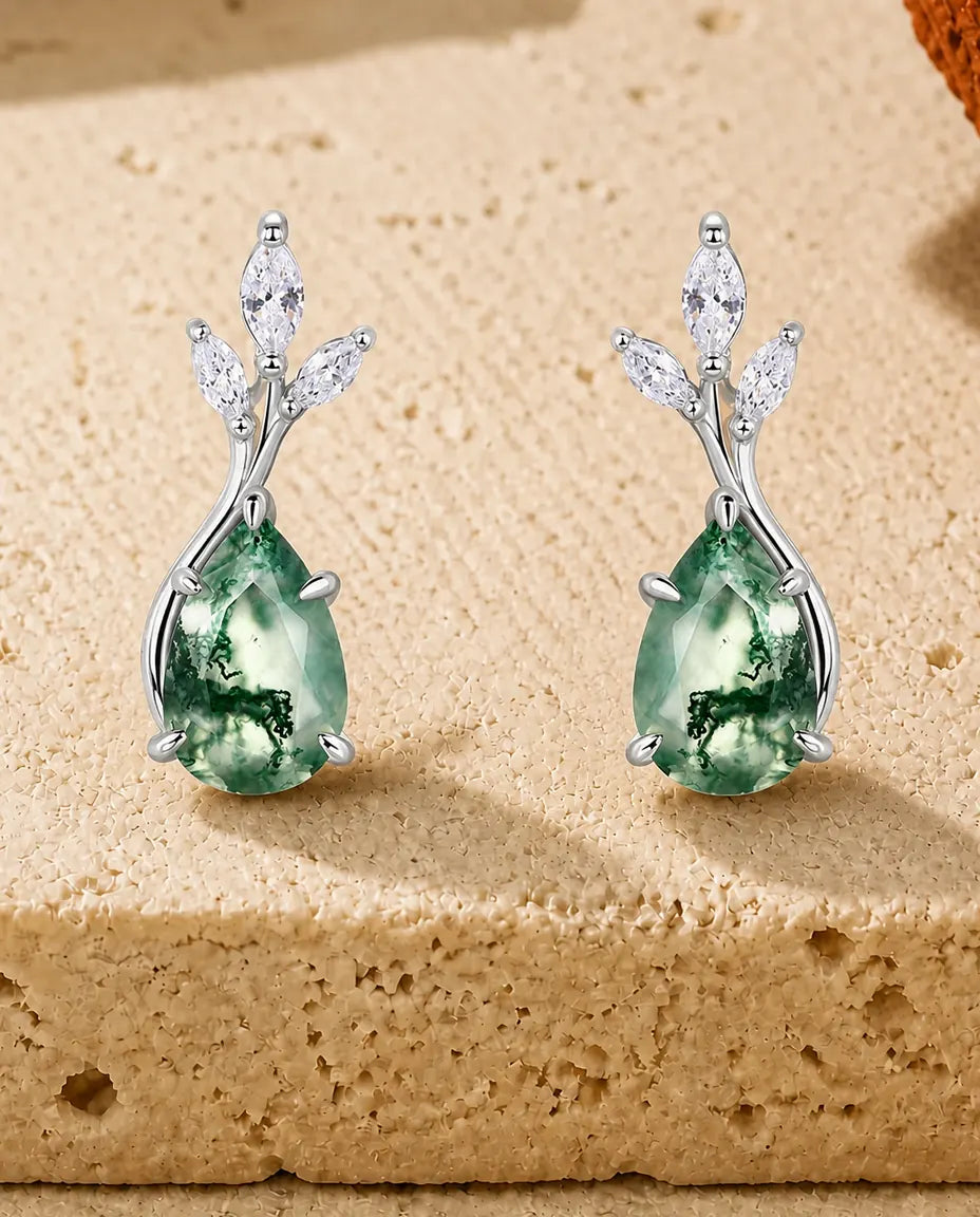 Moss Agate Stud Earrings - Leaf Spray with Curved Stem and Moss Agate Drop, 925 Sterling Silver, Gift for Her