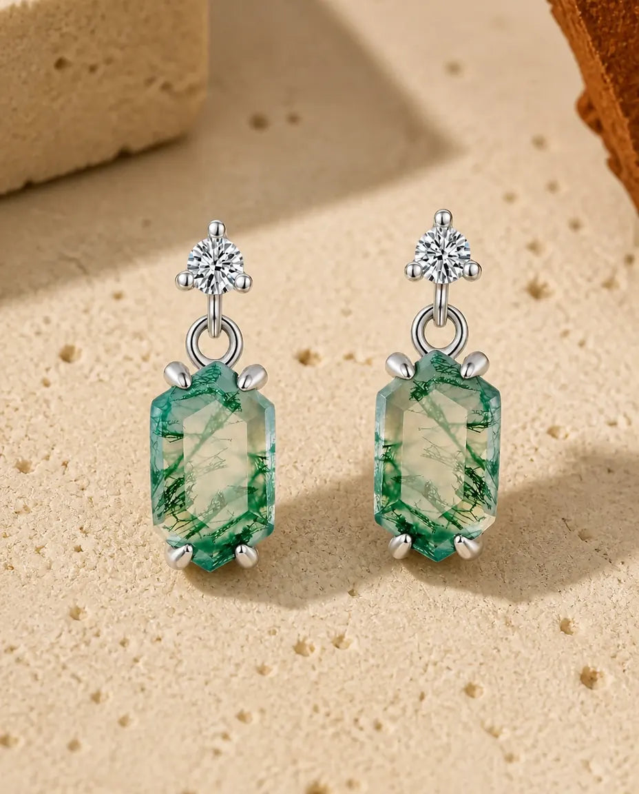 Moss Agate Drop Earrings - Elongated Octagon Green Moss Agate with Cubic Zirconia Stud, 925 Sterling Silver, Gift for Her