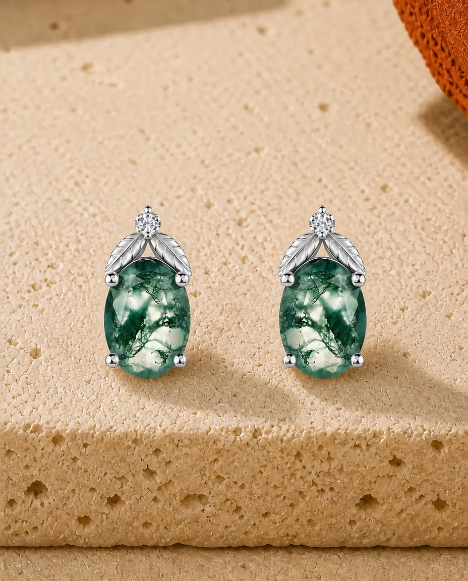 Moss Agate Stud Earrings - Oval Green Moss Agate Under Two Silver Leaves with a Cubic Zirconia, 925 Sterling Silver, Gift for Her