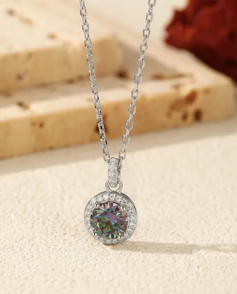 Colour-Shift Moissanite Halo Necklace – 1ct Round Teal Pendant in 925 Sterling Silver, Bold