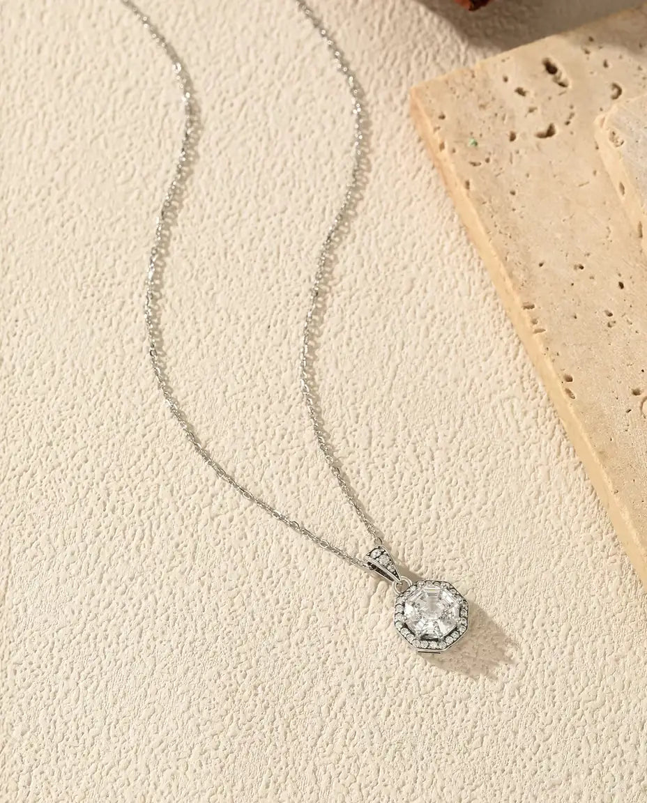 Octagon Halo Pendant Necklace - Step Cut Clear Stone Framed in Pave, 925 Sterling Silver, 40 + 5 cm Chain