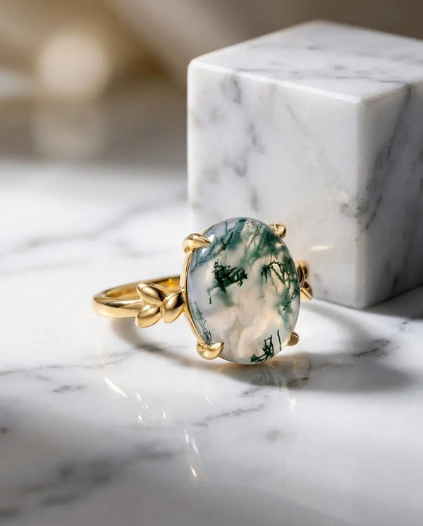 Oval Moss Agate Solitaire Ring - 10k Gold Plated Leaf Design IfShe AU