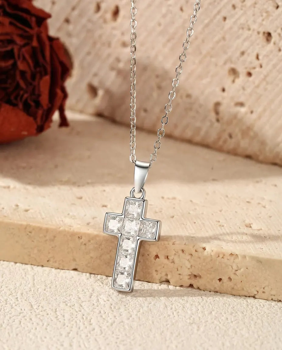 Pave Cross Necklace - Square-Cut Stone Cross Pendant, 10 x 17 mm, on a Dainty 40+5 cm 925 Sterling Silver Chain