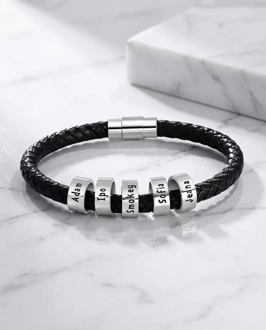Personalised Men's Braided Leather Bracelet with 1-5 Engraved Stainless Steel Name Beads