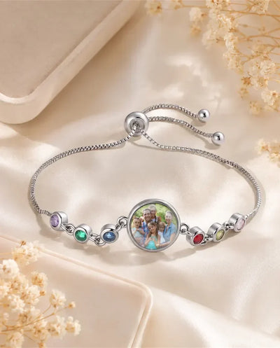 Personalised Photo Bracelet with 1-6 Birthstones, Adjustable Custom Family Picture Bead Bracelet in Silver, Memorial Gift for Her Mum Grandma
