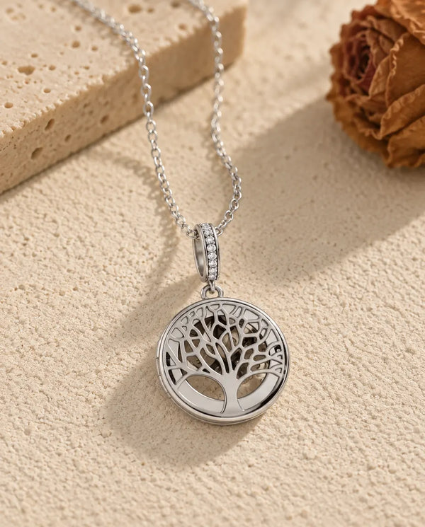 Personalised Tree of Life Photo Locket Necklace - front view in silver