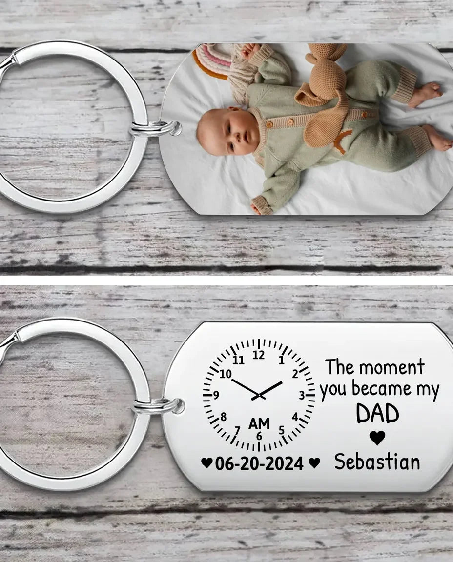 Stainless steel photo keyring with a baby picture printed on the front
