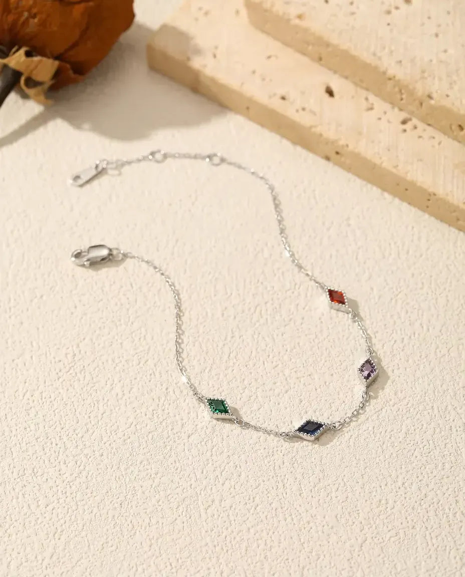 Rainbow Crystal Bracelet – 5 Diamond-Shaped Cubic Zirconia Stations in 925 Sterling Silver, Dainty Chain Bracelet for Women