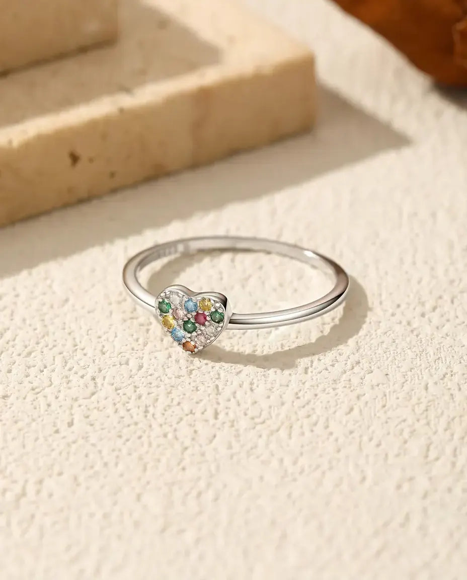 Rainbow Heart Ring – Multicolor Cubic Zirconia Pavé Heart in 925 Sterling Silver, Dainty Stacking Ring for Women, Sizes 5-9