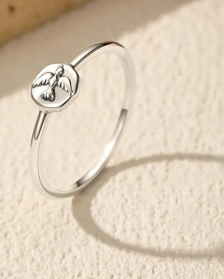 Sterling Silver Dove Signet Ring – Dainty 925 Octagon Bird Ring, Minimalist Stacking Band for Women, Sizes 5-9