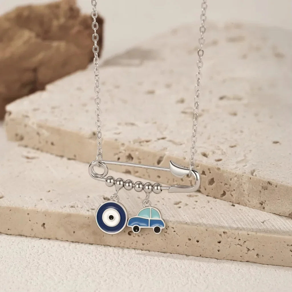 Sterling Silver Evil Eye & Car Charm Necklace - Evil Eye Choker for Women