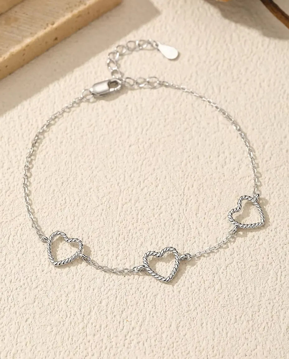 Heart Chain Bracelet - Three 8 mm Twisted Rope Open Hearts on a 925 Sterling Silver Cable Chain, 6.3 in Plus 1.2 in Extender