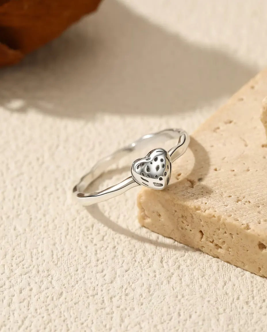 Textured Heart Ring for Women - 6 mm Seed-Dot Puffed Heart on a Slim Band, Solid 925 Sterling Silver, Sizes 5 to 9