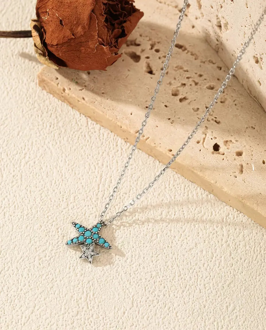 Turquoise Starfish Necklace - Sterling Silver Pendant with Pave Star Charm, 40 + 5 cm Adjustable Chain