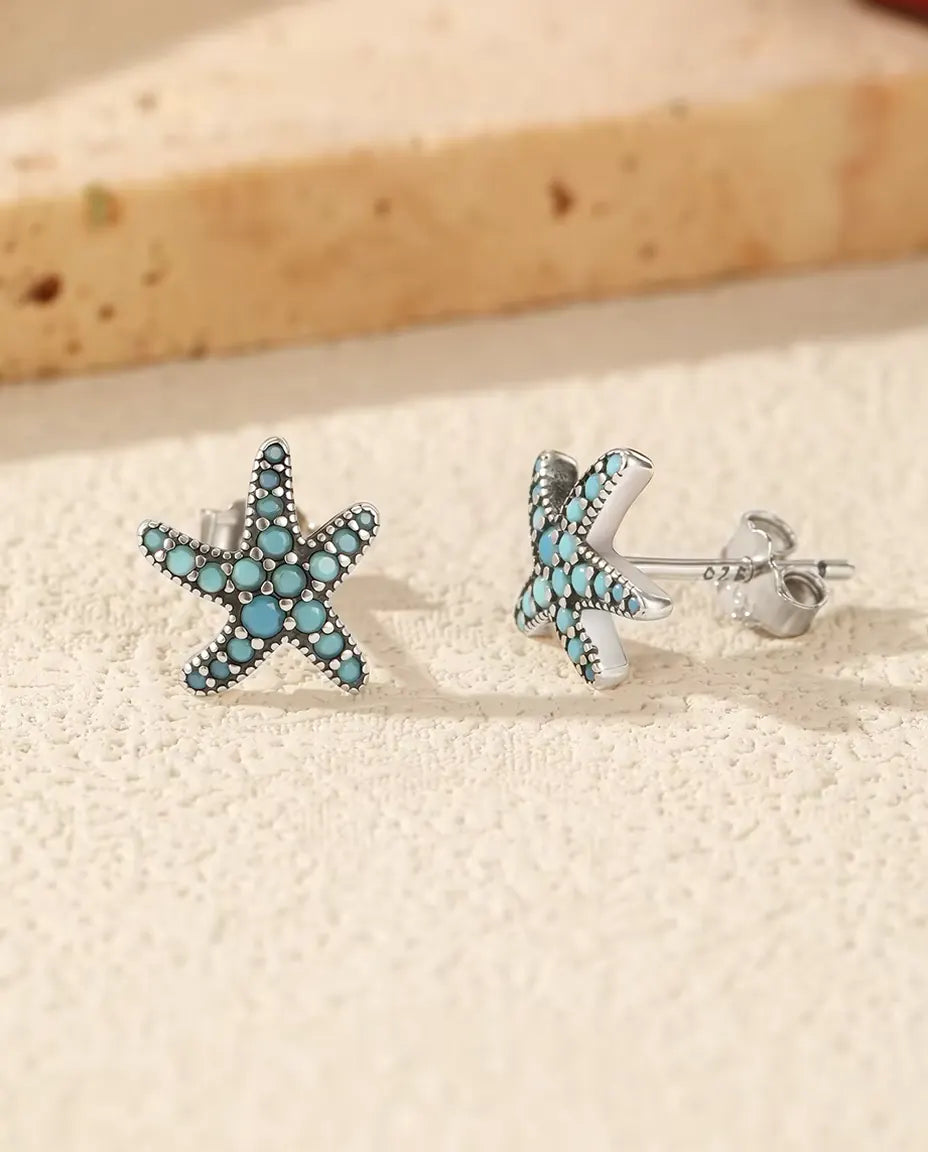 Turquoise Starfish Stud Earrings - Pave Set Turquoise Blue Stones on 10 mm Oxidised 925 Sterling Silver