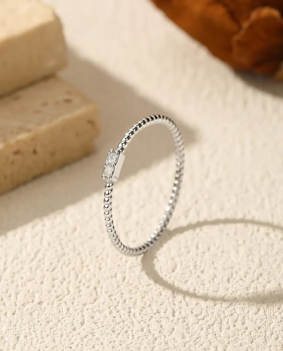 Twisted Rope Moissanite Ring - Two D Colour VVS1 Stones in a 4 mm Bar, 925 Sterling Silver, Sizes 5 to 9