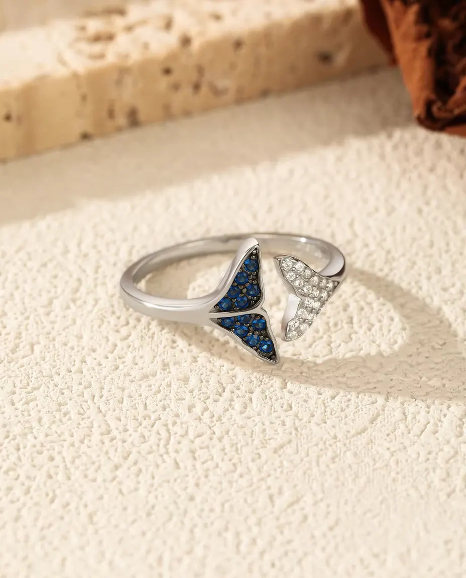 Whale Tail Ring - Blue and White Stone Open Adjustable Band, 925 Sterling Silver, Fits US Sizes 6 to 9